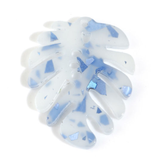 Image de Breloques en Acide Acétique Résine Acétate Acrylique Acetimar Marbre Collection Végétale Bleu Feuille de Monstère 24mm x 19mm, 5 Pcs