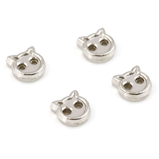 Picture of Zinc Based Alloy Metal Sewing Buttons 2 Holes Silver Tone Cat Animal 4mm x 4mm, 50 PCs