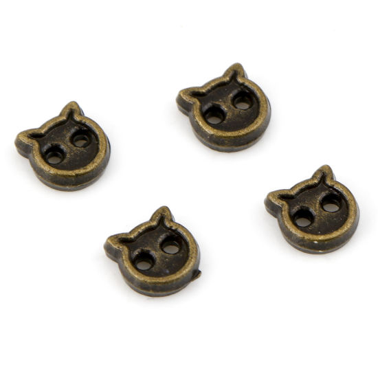 Picture of Zinc Based Alloy Metal Sewing Buttons 2 Holes Antique Bronze Cat Animal 4mm x 4mm, 50 PCs