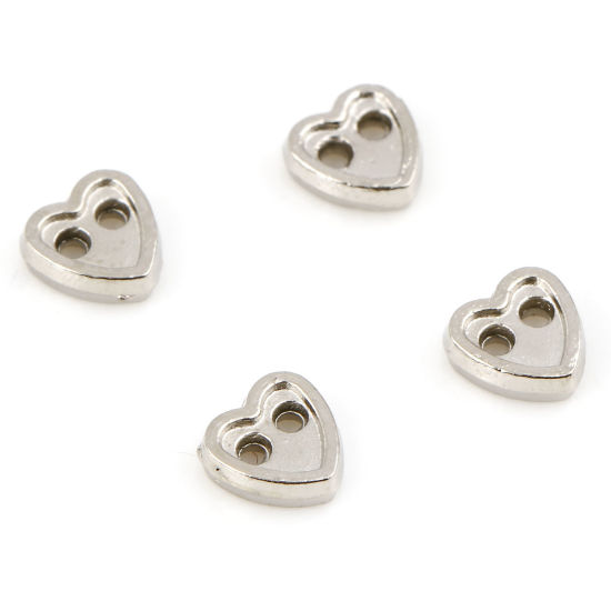 Picture of Zinc Based Alloy Valentine's Day Metal Sewing Buttons 2 Holes Silver Tone Heart 4mm x 4mm, 50 PCs
