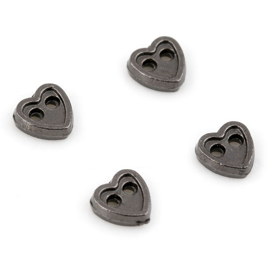 Picture of Zinc Based Alloy Valentine's Day Metal Sewing Buttons 2 Holes Gunmetal Heart 4mm x 4mm, 50 PCs
