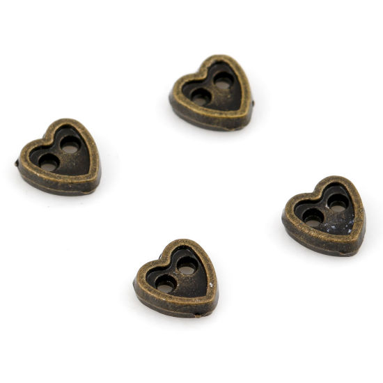 Picture of Zinc Based Alloy Valentine's Day Metal Sewing Buttons 2 Holes Antique Bronze Heart 4mm x 4mm, 50 PCs