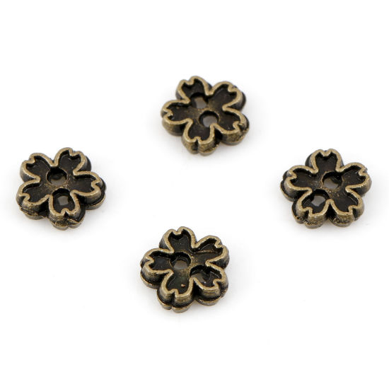 Picture of Zinc Based Alloy Flora Collection Metal Sewing Buttons 2 Holes Antique Bronze Flower 5mm x 5mm, 50 PCs