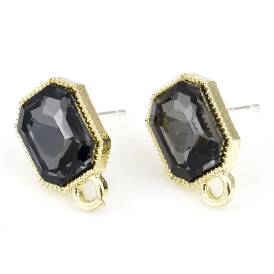 Picture of Zinc Based Alloy & Glass Geometry Series Ear Post Stud Earrings Findings Octagon Gold Plated Dark Gray With Loop 15mm x 10mm, Post/ Wire Size: (21 gauge), 6 PCs