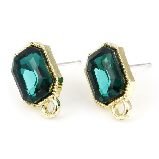 Picture of Zinc Based Alloy & Glass Geometry Series Ear Post Stud Earrings Findings Octagon Gold Plated Green With Loop 15mm x 10mm, Post/ Wire Size: (21 gauge), 6 PCs