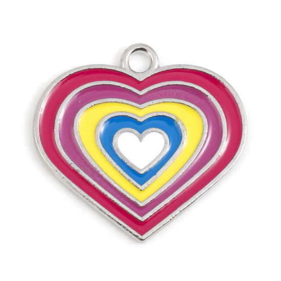 Immagine di Lega di Zinco San Valentino Charms Cuore Tono Argento Multicolore Smalto 25mm x 24mm , 10 Pz
