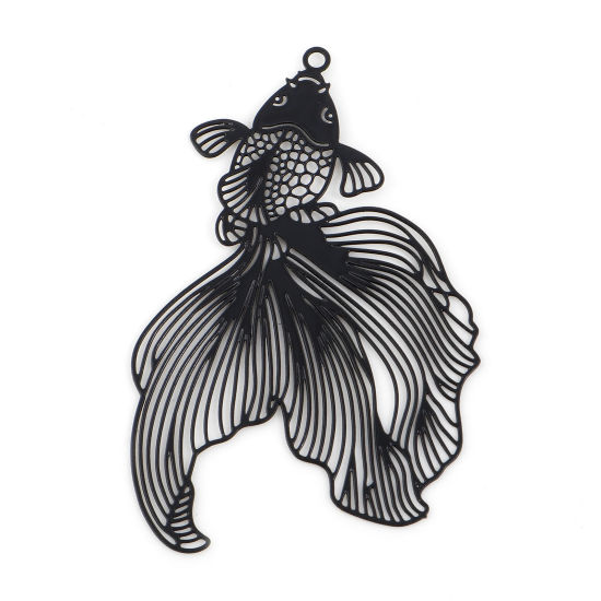 合金 透かしパーツ ペンダント 金魚 黒 ペインティング 4.8cm x 3.1cm、 10 個 の画像