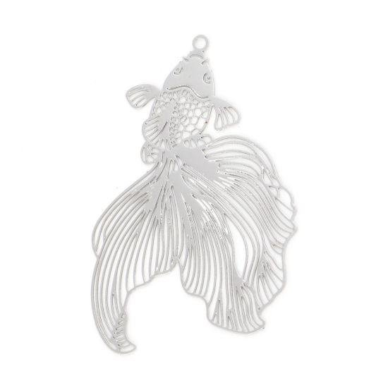 合金 透かしパーツ ペンダント 金魚 シルバートーン 4.8cm x 3.1cm、 10 個 の画像