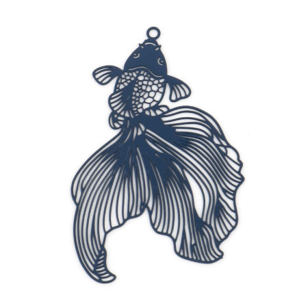 Picture of Iron Based Alloy Filigree Stamping Pendants Dark Blue Goldfish Painted 4.8cm x 3.1cm, 10 PCs