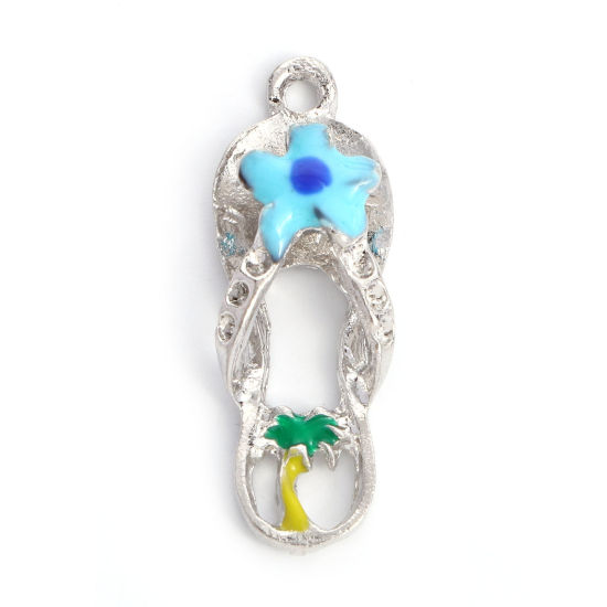 Picture of Zinc Based Alloy Clothes Charms Flip Flops Slipper Silver Tone Blue Enamel (Can Hold ss4 Pointed Back Rhinestone) 27mm x 10mm, 10 PCs