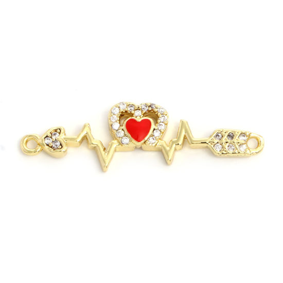 Picture of Brass Valentine's Day Connectors Gold Plated Red Arrow Through Heart Medical Heartbeat/ Electrocardiogram Enamel Clear Cubic Zirconia 3.1cm x 0.9cm, 2 PCs                                                                                                    