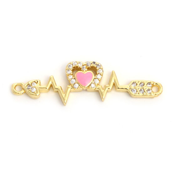 Picture of Brass Valentine's Day Connectors Gold Plated Pink Arrow Through Heart Medical Heartbeat/ Electrocardiogram Enamel Clear Cubic Zirconia 3.1cm x 0.9cm, 2 PCs                                                                                                   