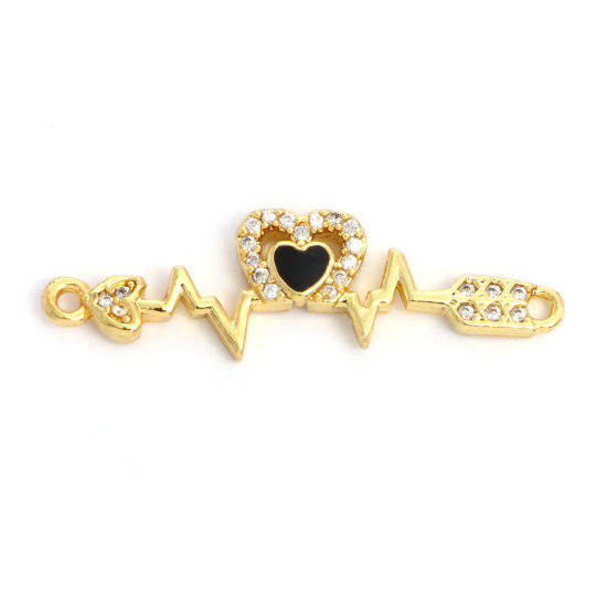 Picture of Brass Valentine's Day Connectors Gold Plated Black Arrow Through Heart Medical Heartbeat/ Electrocardiogram Enamel Clear Cubic Zirconia 3.1cm x 0.9cm, 2 PCs                                                                                                  
