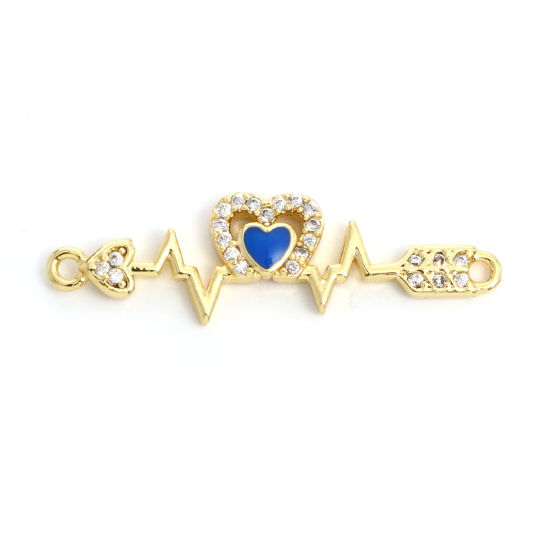 Picture of Brass Valentine's Day Connectors Gold Plated Royal Blue Arrow Through Heart Medical Heartbeat/ Electrocardiogram Enamel Clear Cubic Zirconia 3.1cm x 0.9cm, 2 PCs                                                                                             
