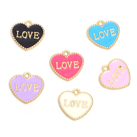 Breloques La Saint Valentin en Alliage de Zinc Cœur Doré Couleur au Hasard Message" LOVE " Émail 15mm x 15mm, 1 Kit