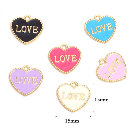 Bild von Zinklegierung Valentinstag Charms Herz Vergoldet Zufällig Mix Message " LOVE " Emaille 15mm x 15mm, 1 Set