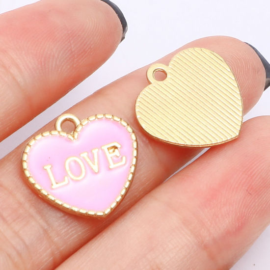 Bild von Zinklegierung Valentinstag Charms Herz Vergoldet Zufällig Mix Message " LOVE " Emaille 15mm x 15mm, 1 Set