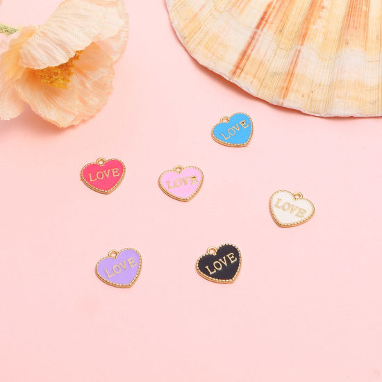 Bild von Zinklegierung Valentinstag Charms Herz Vergoldet Zufällig Mix Message " LOVE " Emaille 15mm x 15mm, 1 Set