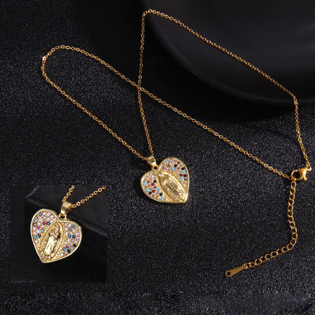 Image de Colliers en Acier Inoxydable & Cuivre Religieux Doré Cœur Sainte Vierge Marie à Zirconia Cubique Multicolore 40cm Long, 1 Pièce