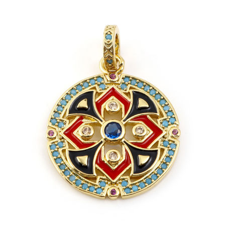 Messing Micro Pave Charms 14K Gold Schwarz & Rot Rund Emaille Bunt Kubischer Zirkon 29mm x 1 Stück