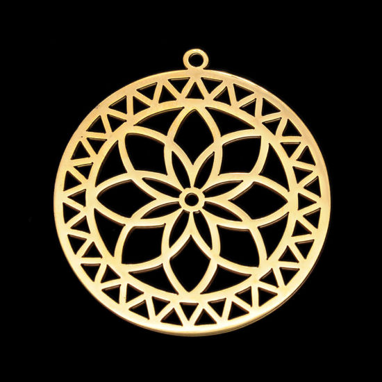 Image de Pendentifs en Acier Inoxydable Religieux Rond Doré Fleur de Lotus Creux 35mm x 32mm , 5 Pcs