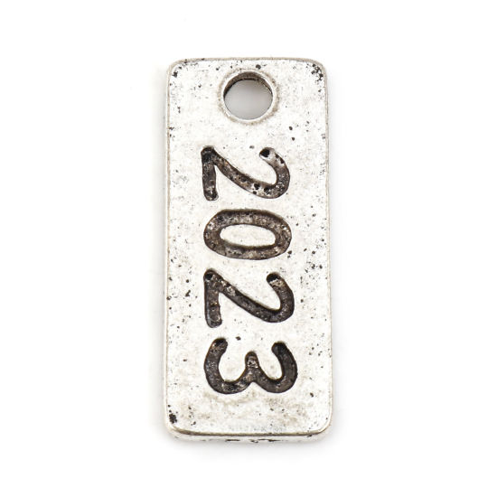 Picture of Zinc Based Alloy Year Charms Antique Silver Color Rectangle Number Message " 2023 " 21mm x 9mm, 20 PCs