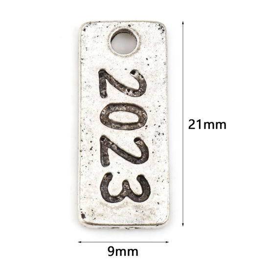 Picture of Zinc Based Alloy Year Charms Antique Silver Color Rectangle Number Message " 2023 " 21mm x 9mm, 20 PCs