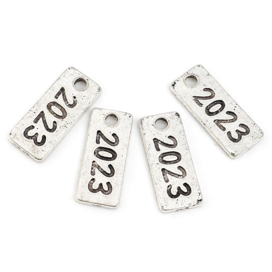 Picture of Zinc Based Alloy Year Charms Antique Silver Color Rectangle Number Message " 2023 " 21mm x 9mm, 20 PCs