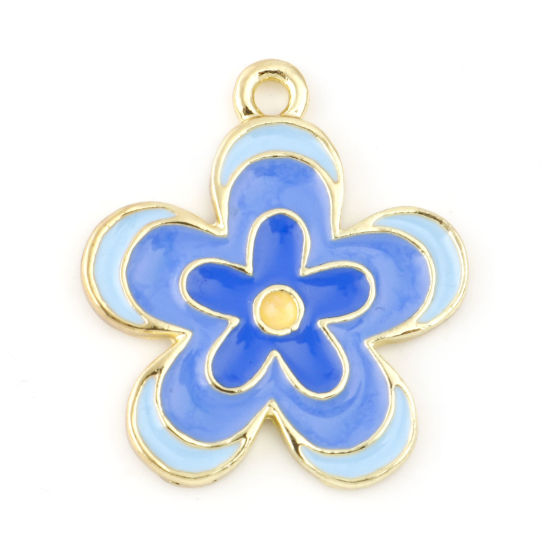 Imagen de Zamak Colgantes Charms Flor Chapado en Oro Azul Esmalte 23mm x 20mm, 10 Unidades