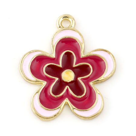 Image de Breloques en Alliage de Zinc Fleur Doré Fuchsia Émail 23mm x 20mm, 10 Pcs