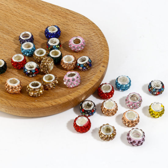 Picture of Polymer Clay European Style Large Hole Charm Beads At Random Color Mixed Round Rhinestone 12mm Dia. - 10mm Dia., Hole: Approx 4.8mm, 20 PCs