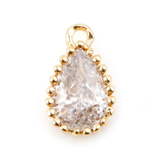 Immagine di Ottone Pietre Nascita Charms Goccia Vero Oro Placcato Trasparente Cubic Zirconiae 8mm x 5mm, 2 Pz