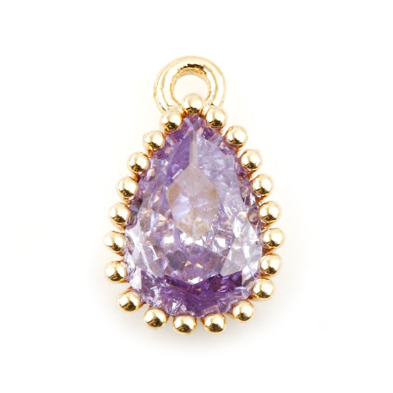 Immagine di Ottone Pietre Nascita Charms Goccia Vero Oro Placcato Viola Pallido Cubic Zirconiae 8mm x 5mm, 2 Pz