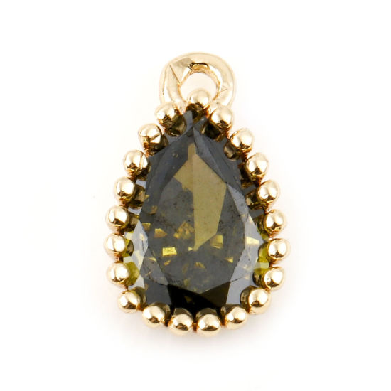 Immagine di Ottone Pietre Nascita Charms Goccia Vero Oro Placcato Verde Oliva Cubic Zirconiae 8mm x 5mm, 2 Pz