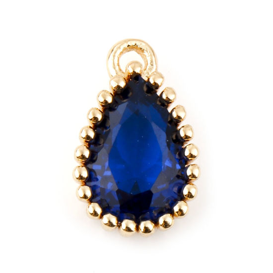 Immagine di Ottone Pietre Nascita Charms Goccia Vero Oro Placcato Blu Marino Cubic Zirconiae 8mm x 5mm, 2 Pz