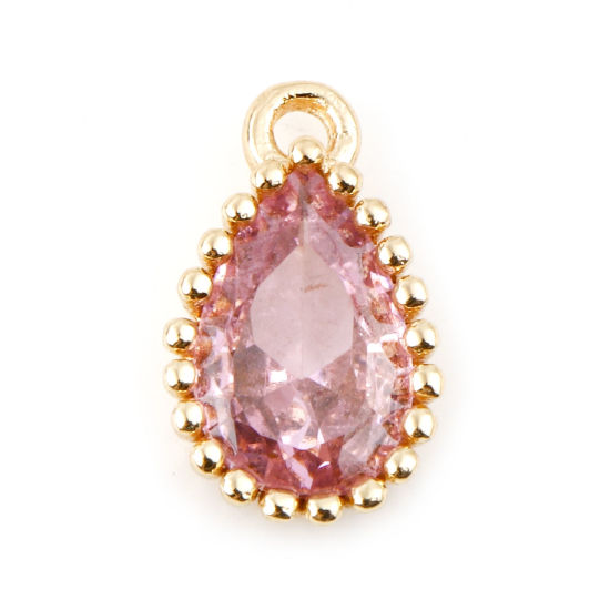 Immagine di Ottone Pietre Nascita Charms Goccia Vero Oro Placcato Rosa Pallido Cubic Zirconiae 8mm x 5mm, 2 Pz