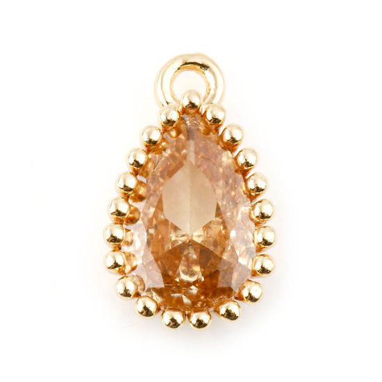 Immagine di Ottone Pietre Nascita Charms Goccia Vero Oro Placcato Giallo Cubic Zirconiae 8mm x 5mm, 2 Pz