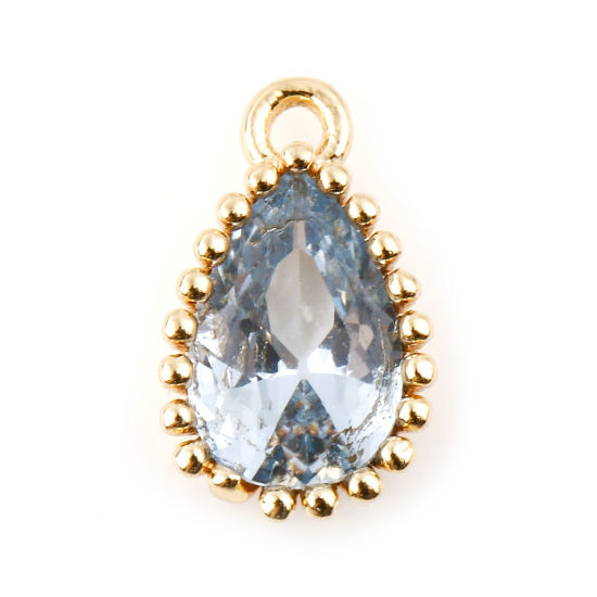 Immagine di Ottone Pietre Nascita Charms Goccia Vero Oro Placcato Blu Pallido Cubic Zirconiae 8mm x 5mm, 2 Pz