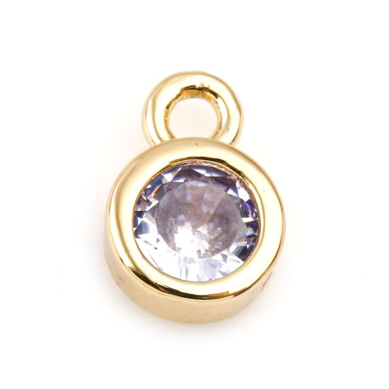 Picture of June Brass Birthstone Charms Round Real Gold Plated Clear Cubic Zirconia 8mm x 5mm, 3 PCs