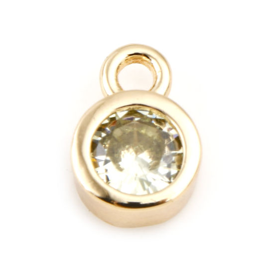 Picture of August Brass Birthstone Charms Round Real Gold Plated Yellow-green Cubic Zirconia 8mm x 5mm, 3 PCs