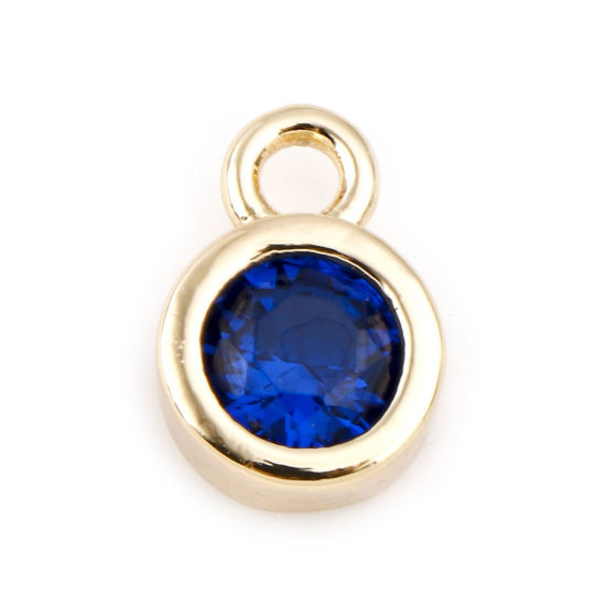 Picture of September Brass Birthstone Charms Round Real Gold Plated Royal Blue Cubic Zirconia 8mm x 5mm, 3 PCs