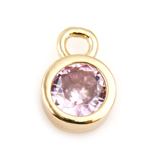 Picture of October Brass Birthstone Charms Round Real Gold Plated Light Pink Cubic Zirconia 8mm x 5mm, 3 PCs