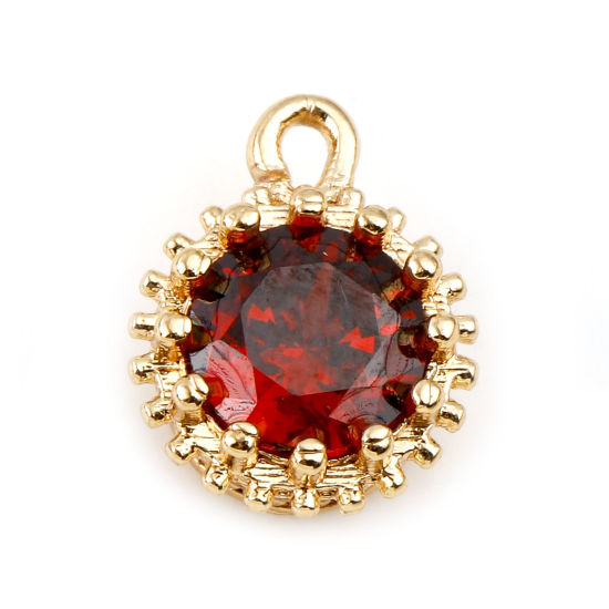 Bild von Januar Geburtsstein-Charms aus Messing, rund, Echtgold plattiert, weinrot, Zirkonia, 9 mm x 7 mm, 2 Stk