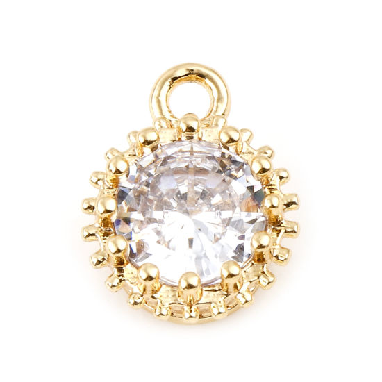 Bild von April Messing-Geburtsstein-Charms, rund, Echtgold plattiert, klarer Zirkonia, 9 mm x 7 mm, 2 Stk