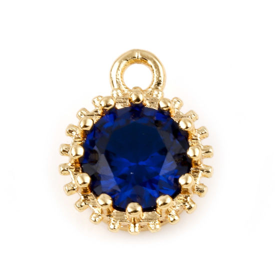 Bild von September Geburtsstein-Charms aus Messing, rund, Echtgold plattiert, Königsblau, Zirkonia, 9 mm x 7 mm, 2 Stk