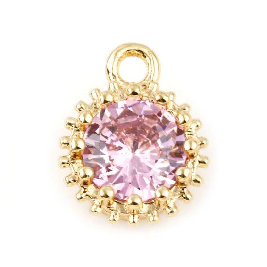 Bild von Oktober Geburtsstein-Charms aus Messing, rund, Echtgold plattiert, hellrosa Zirkonia, 9 mm x 7 mm, 2 Stk