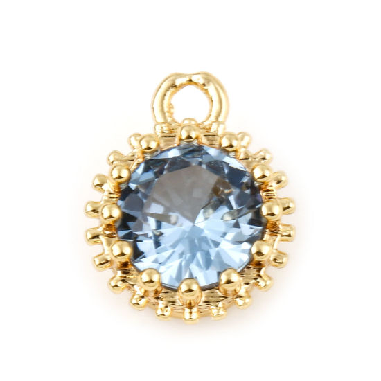 Bild von Dezember Geburtsstein-Charms aus Messing, rund, Echtgold plattiert, hellblau, mit Zirkonia, 9 mm x 7 mm, 2 Stk