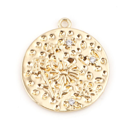 Immagine di Ottone Fiore del Mese di Nascita Charms Tondo Vero Oro Placcato Fiore Margherita Trasparente Cubic Zirconiae 22mm x 20mm, 2 Pz