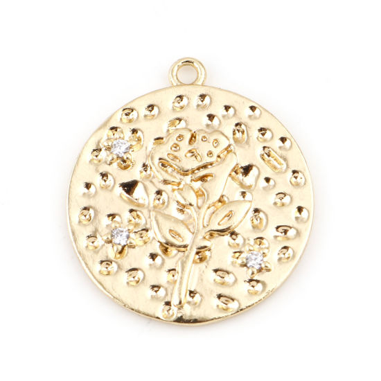 Immagine di Ottone Fiore del Mese di Nascita Charms Tondo Vero Oro Placcato Rosa Trasparente Cubic Zirconiae 22mm x 20mm, 2 Pz