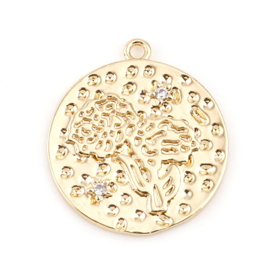 Immagine di Ottone Fiore del Mese di Nascita Charms Tondo Vero Oro Placcato Calendula Trasparente Cubic Zirconiae 22mm x 20mm, 2 Pz